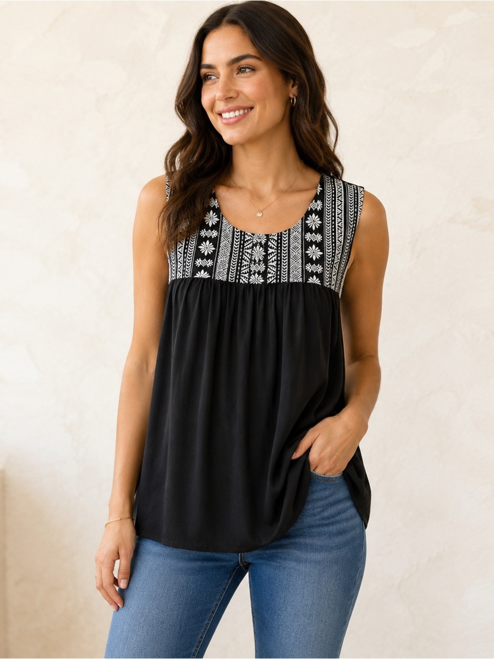 bobeau Black Embroidered Yoke Sleeveless Tank